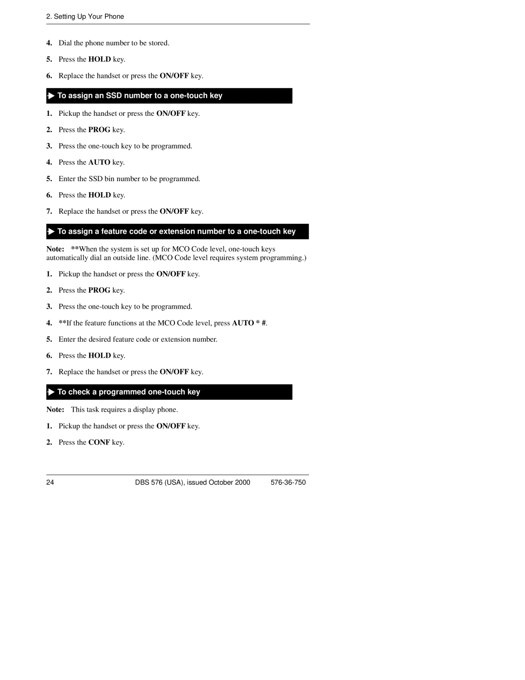 Panasonic DBS 576HD manual To assign an SSD number to a one-touch key, To check a programmed one-touch key 