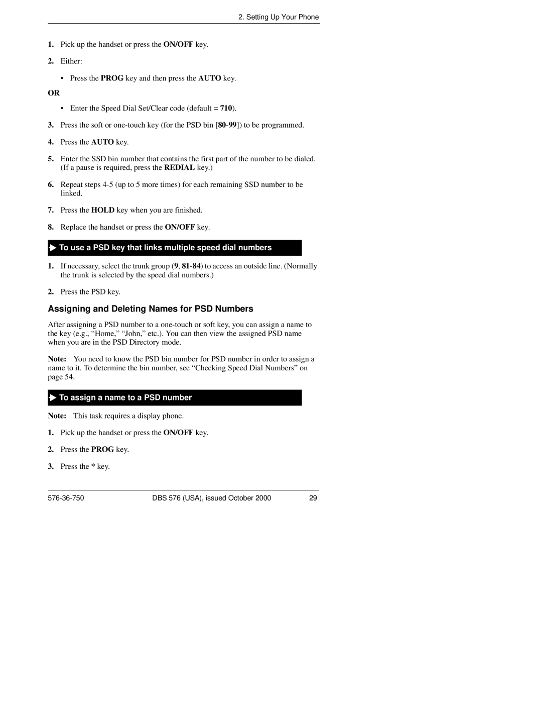 Panasonic DBS 576HD Assigning and Deleting Names for PSD Numbers, To use a PSD key that links multiple speed dial numbers 