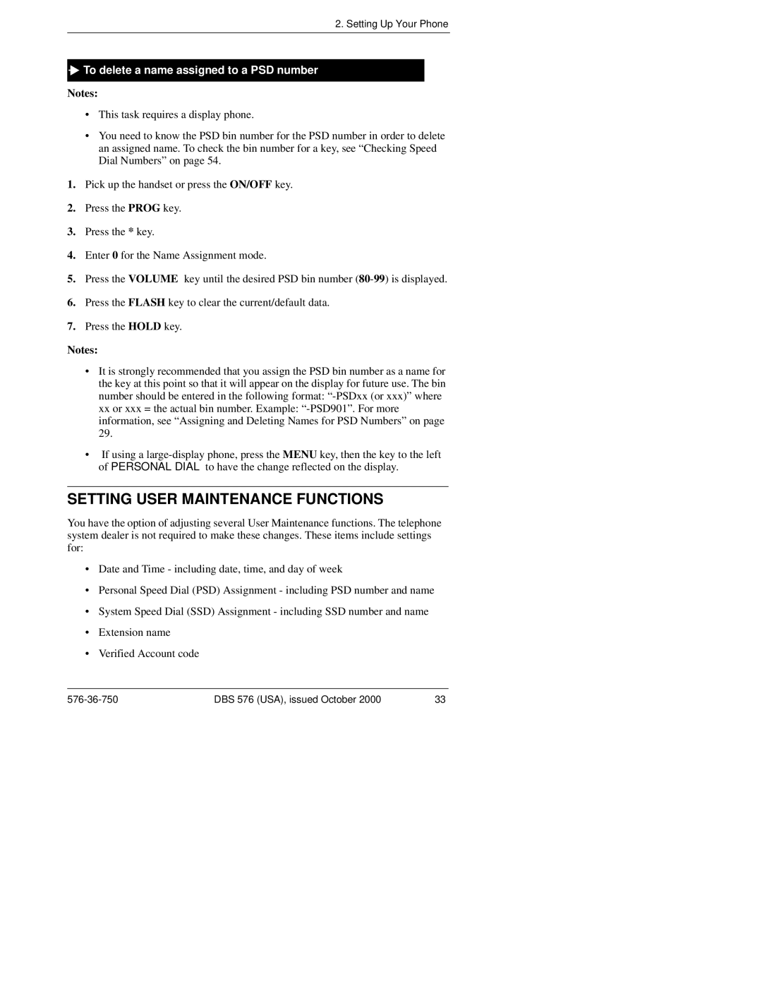 Panasonic DBS 576HD manual Setting User Maintenance Functions, To delete a name assigned to a PSD number 