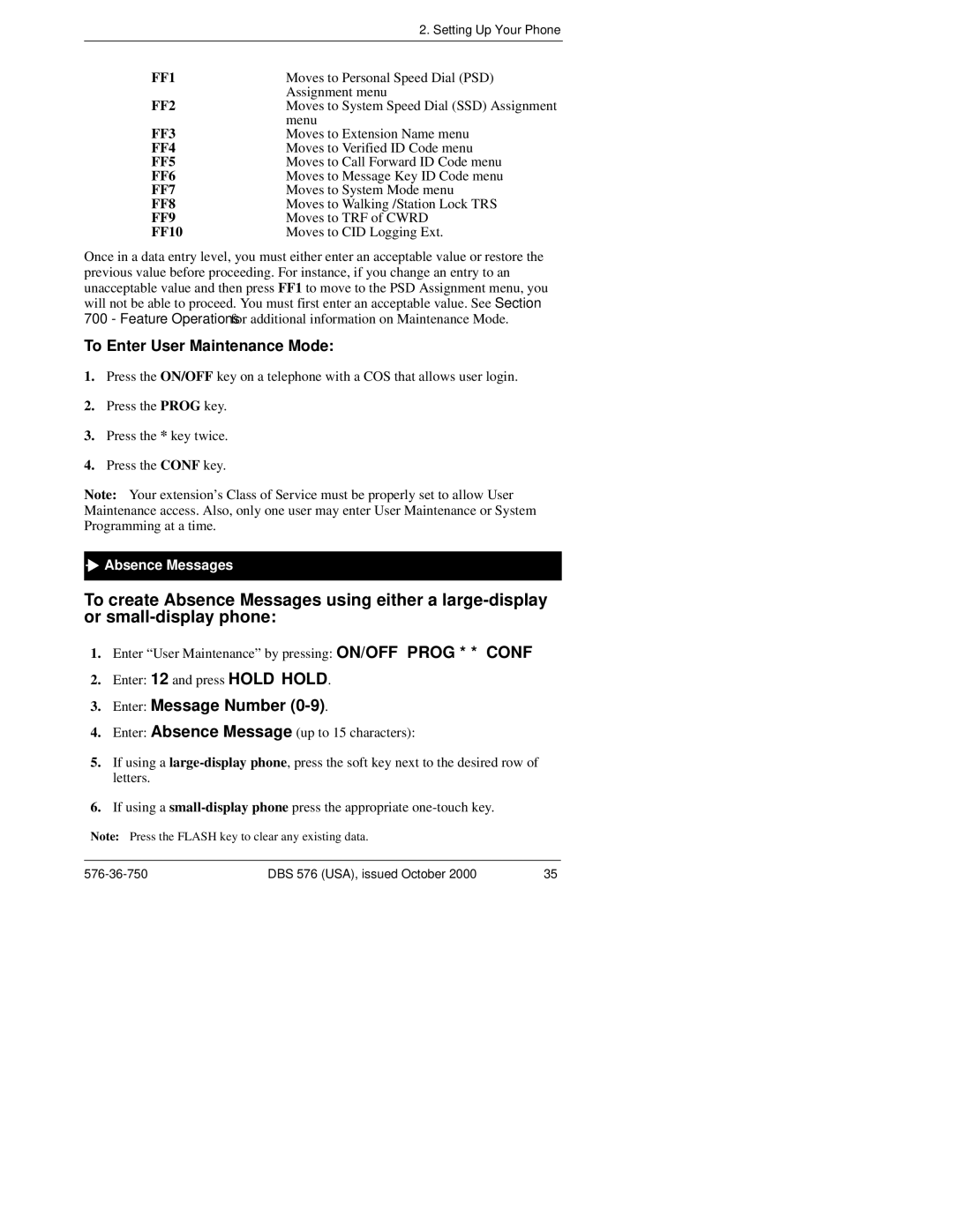 Panasonic DBS 576HD manual To Enter User Maintenance Mode, Absence Messages 