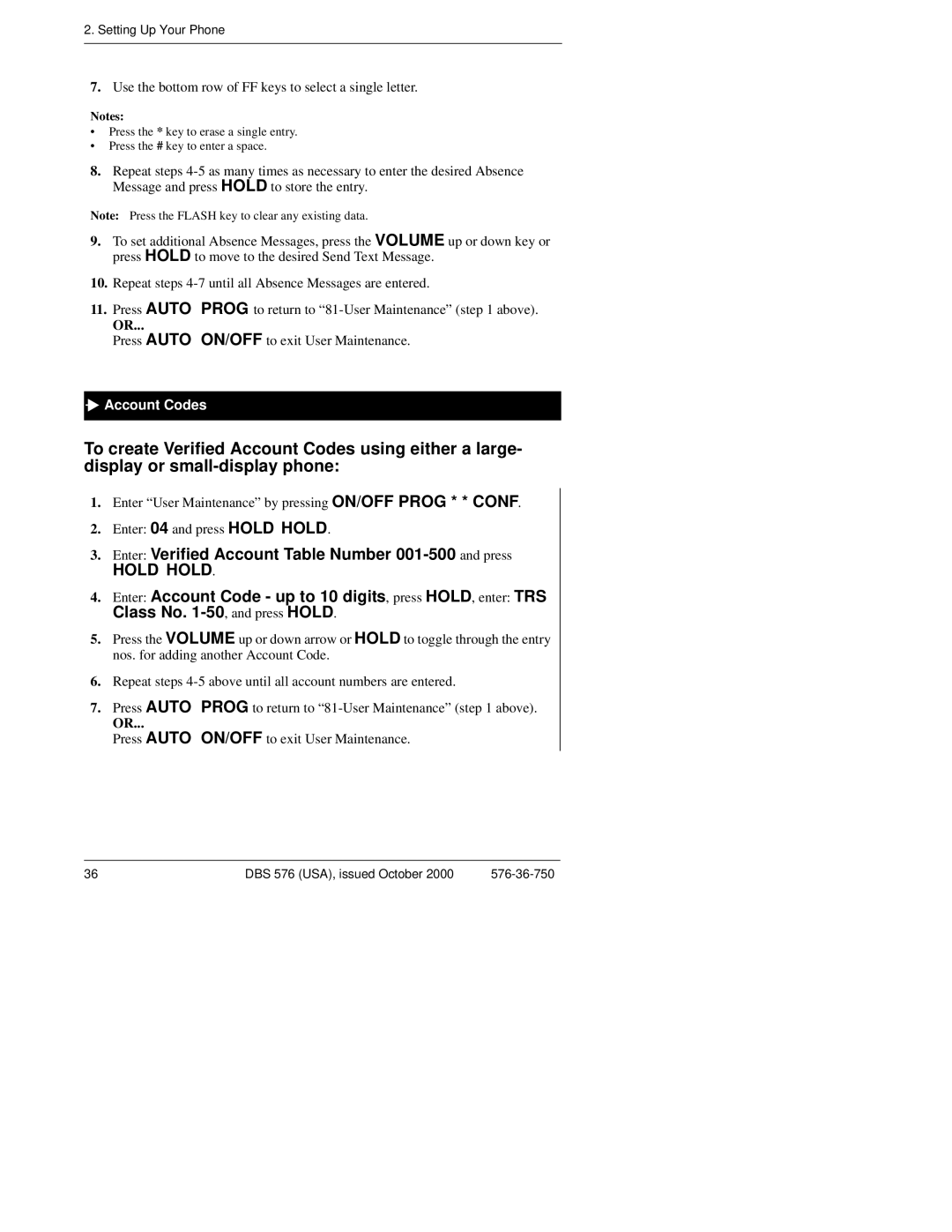 Panasonic DBS 576HD manual Hold Hold, Account Codes 