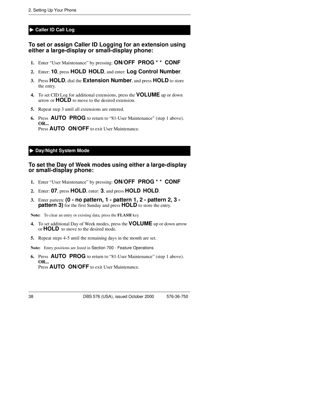 Panasonic DBS 576HD manual Caller ID Call Log, Day/Night System Mode 