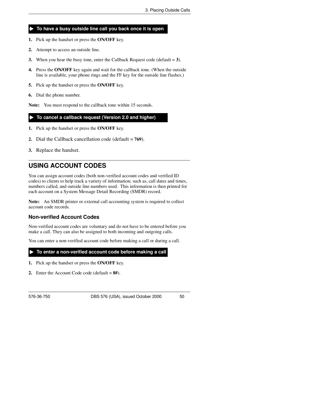 Panasonic DBS 576HD Using Account Codes, Non-verified Account Codes, To cancel a callback request Version 2.0 and higher 