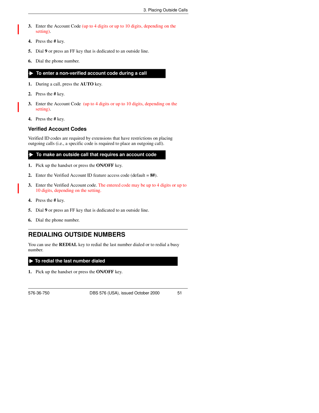 Panasonic DBS 576HD Redialing Outside Numbers, Verified Account Codes, To enter a non-verified account code during a call 