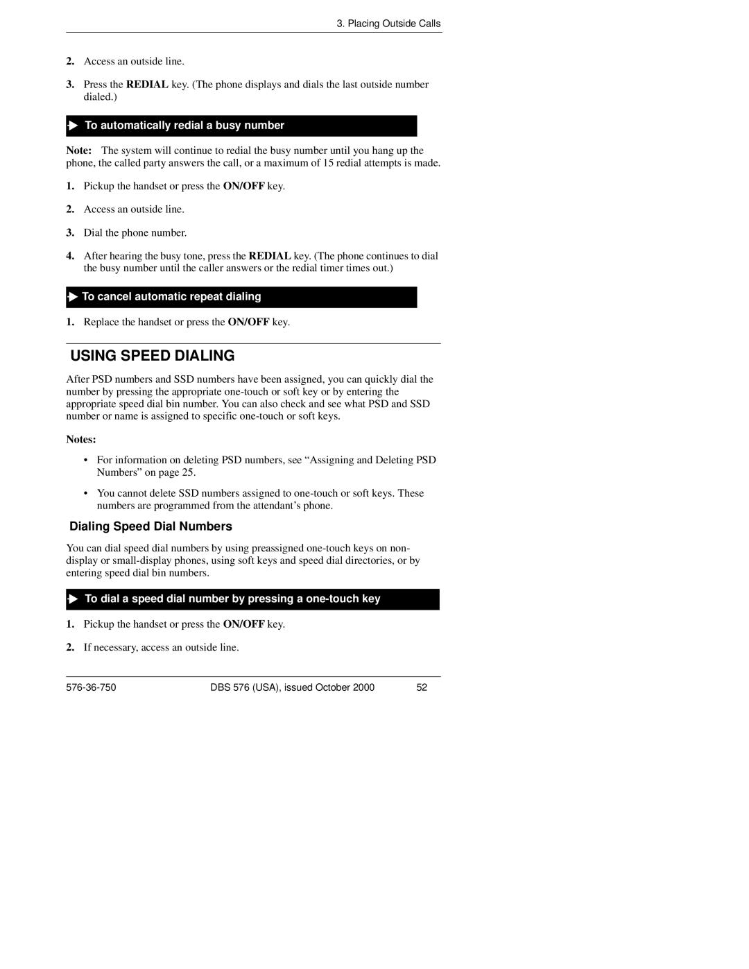 Panasonic DBS 576HD manual Using Speed Dialing, Dialing Speed Dial Numbers, To automatically redial a busy number 