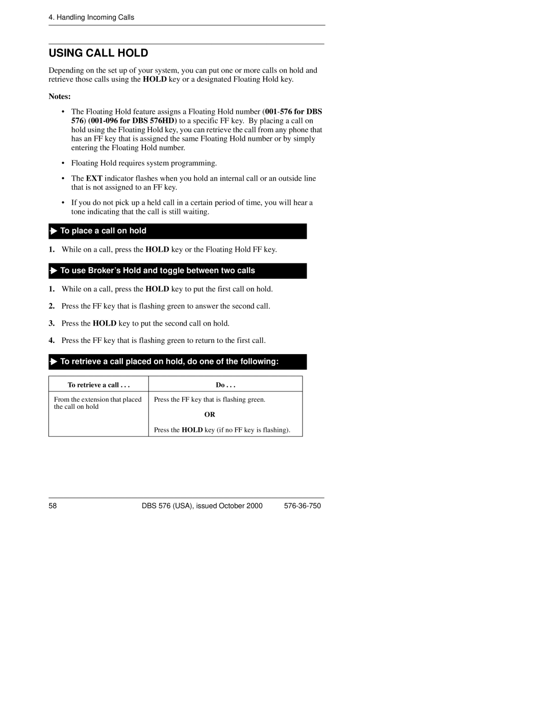 Panasonic DBS 576HD manual Using Call Hold, To place a call on hold, To use Broker’s Hold and toggle between two calls 