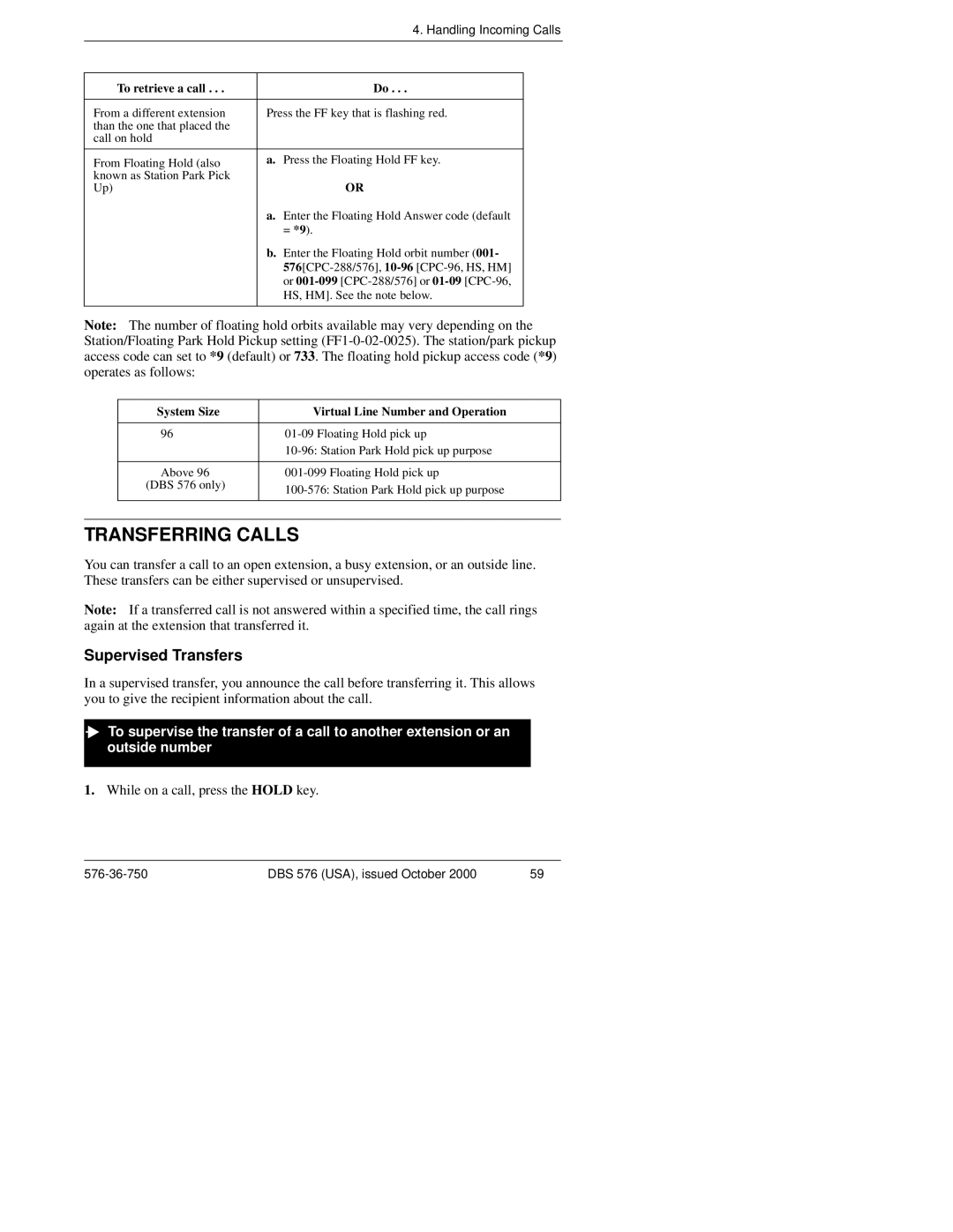 Panasonic DBS 576HD manual Transferring Calls, Supervised Transfers, System Size Virtual Line Number and Operation 