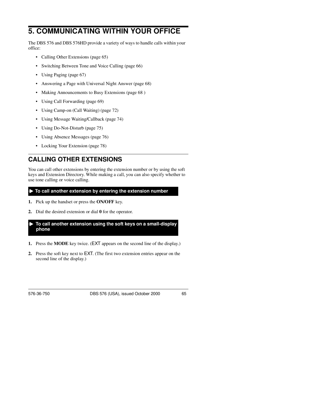 Panasonic DBS 576HD manual Calling Other Extensions, To call another extension by entering the extension number 