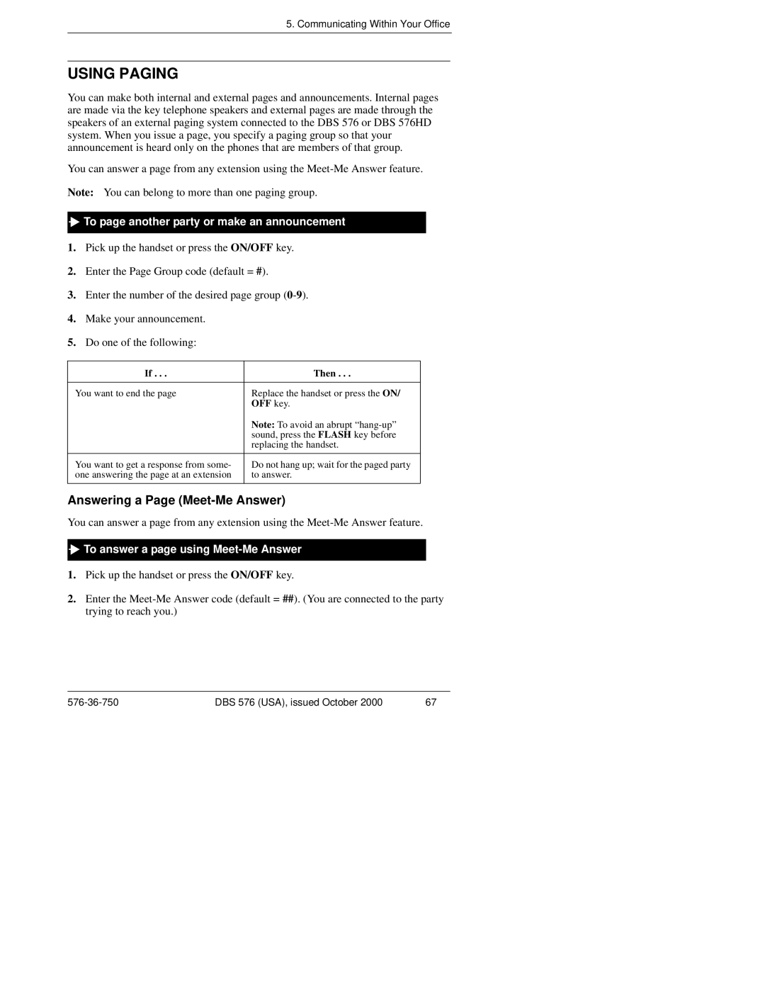 Panasonic DBS 576HD Using Paging, Answering a Page Meet-Me Answer, To page another party or make an announcement, OFF key 