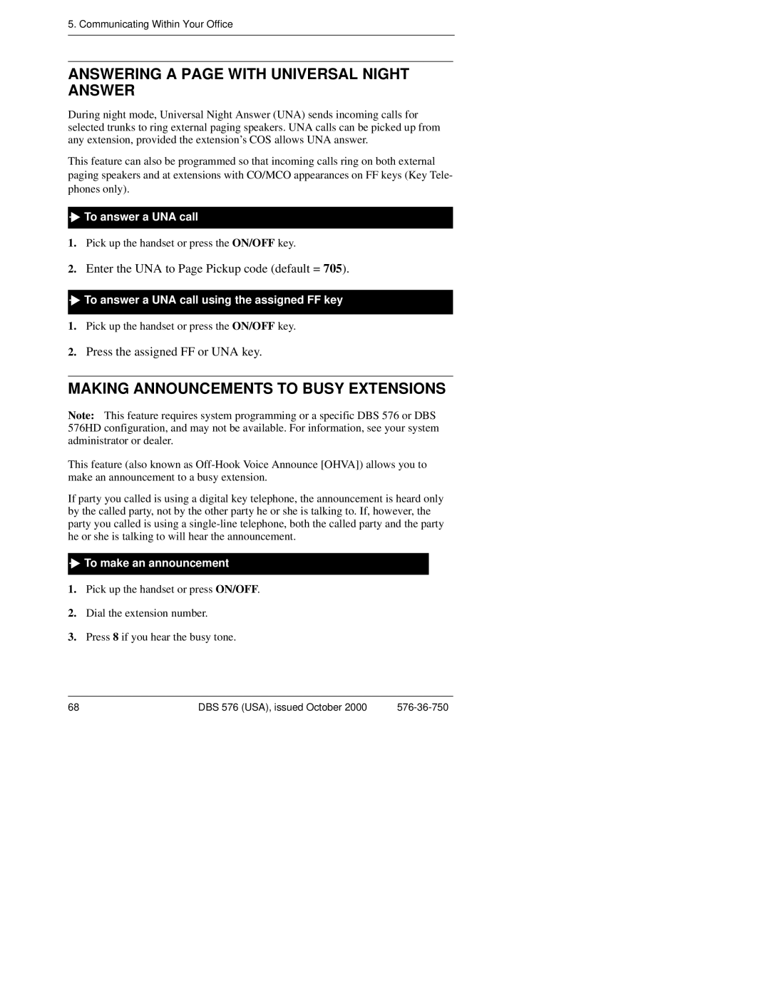 Panasonic DBS 576HD manual Answering a page with Universal Night Answer, Making Announcements to Busy Extensions 