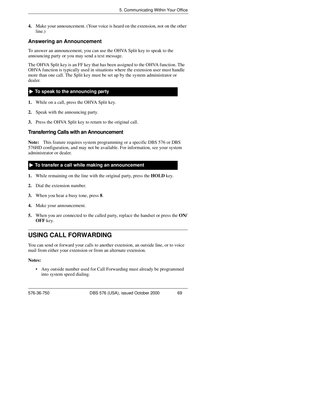 Panasonic DBS 576HD manual Using Call Forwarding, Answering an Announcement, Transferring Calls with an Announcement 