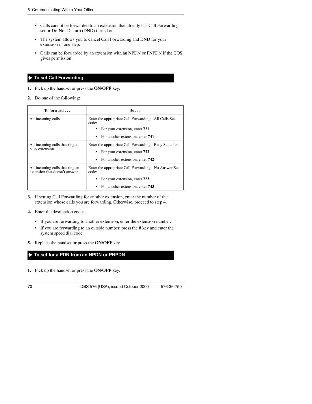 Panasonic DBS 576HD manual To set Call Forwarding, To set for a PDN from an Npdn or Pnpdn, To forward 