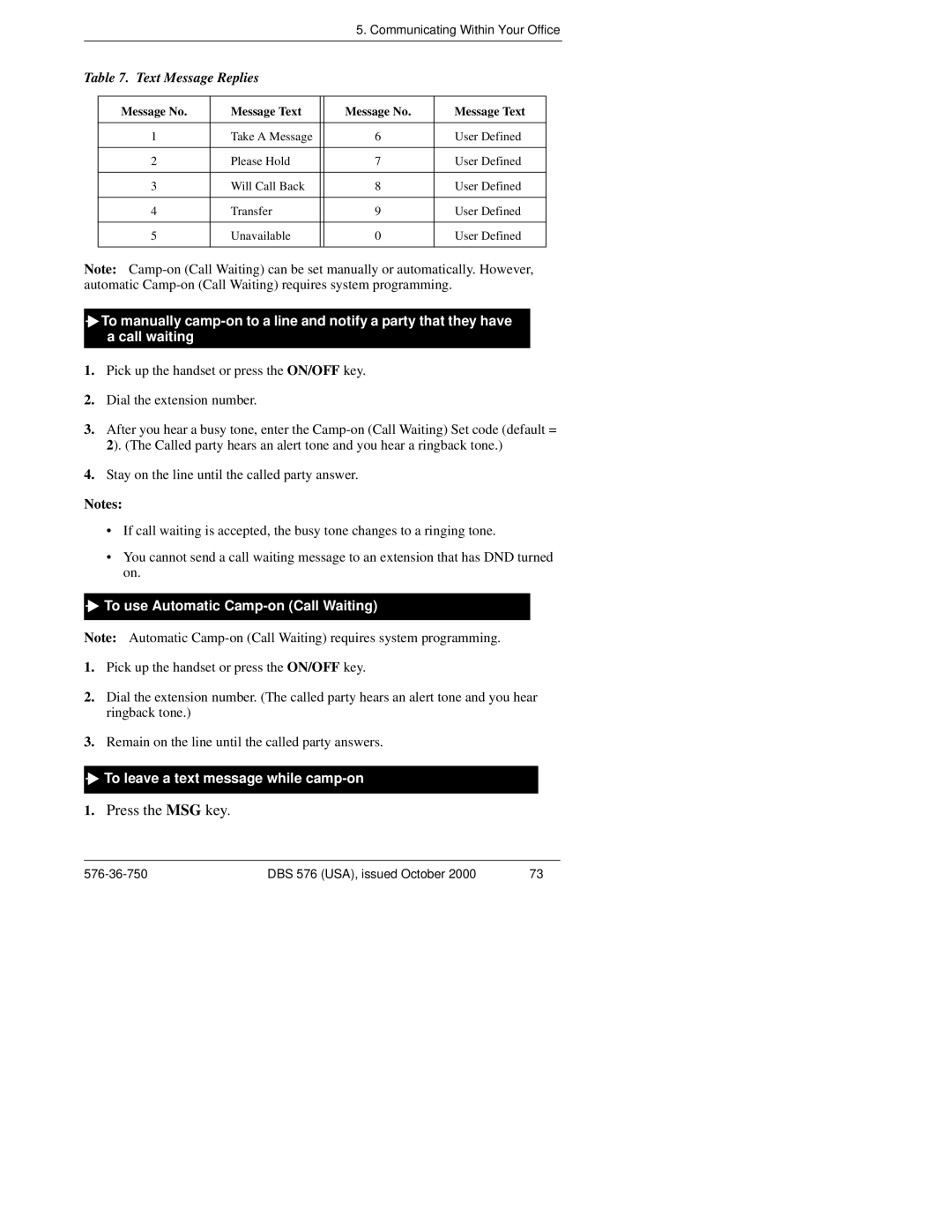 Panasonic DBS 576HD manual To use Automatic Camp-on Call Waiting, To leave a text message while camp-on 