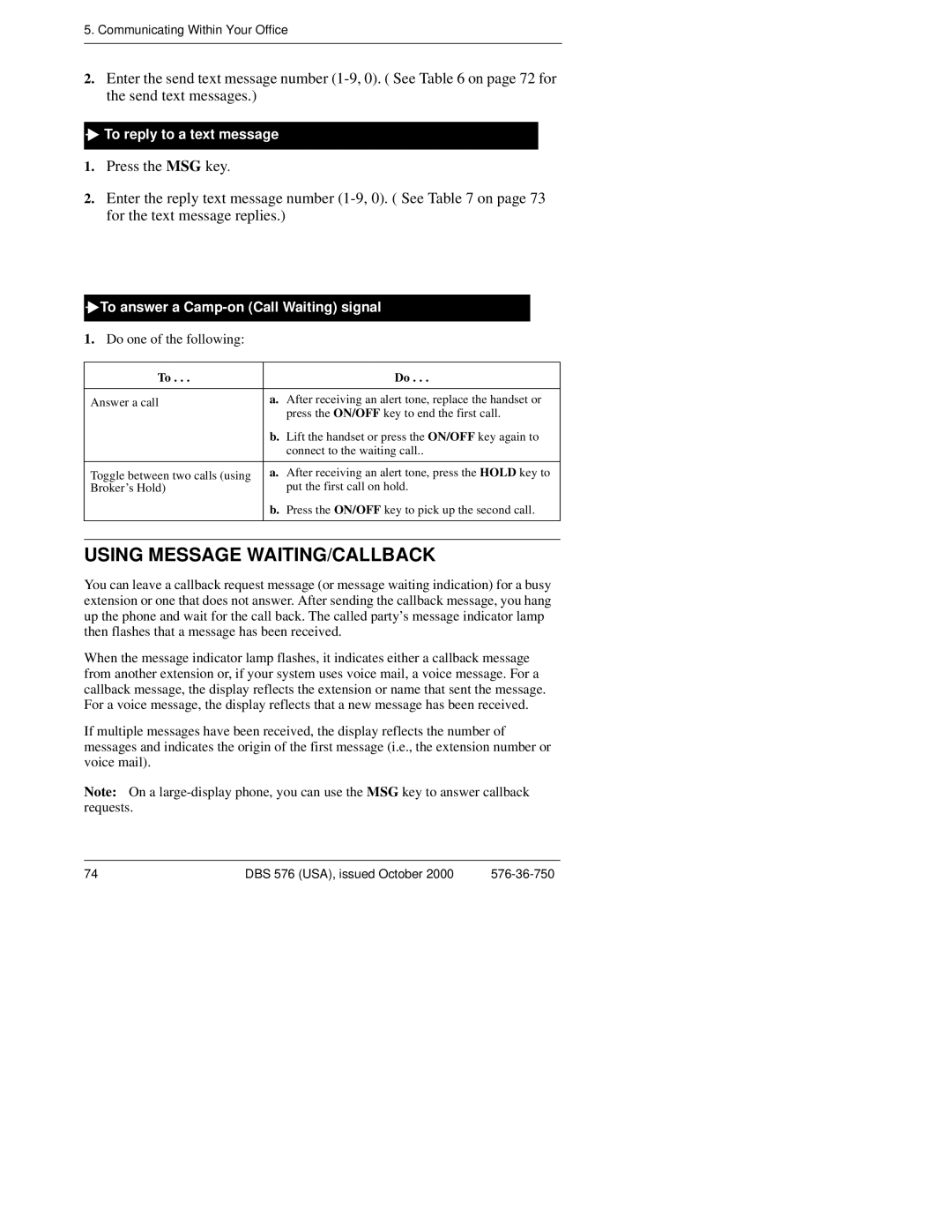 Panasonic DBS 576HD Using Message WAITING/CALLBACK, To reply to a text message, To answer a Camp-on Call Waiting signal 