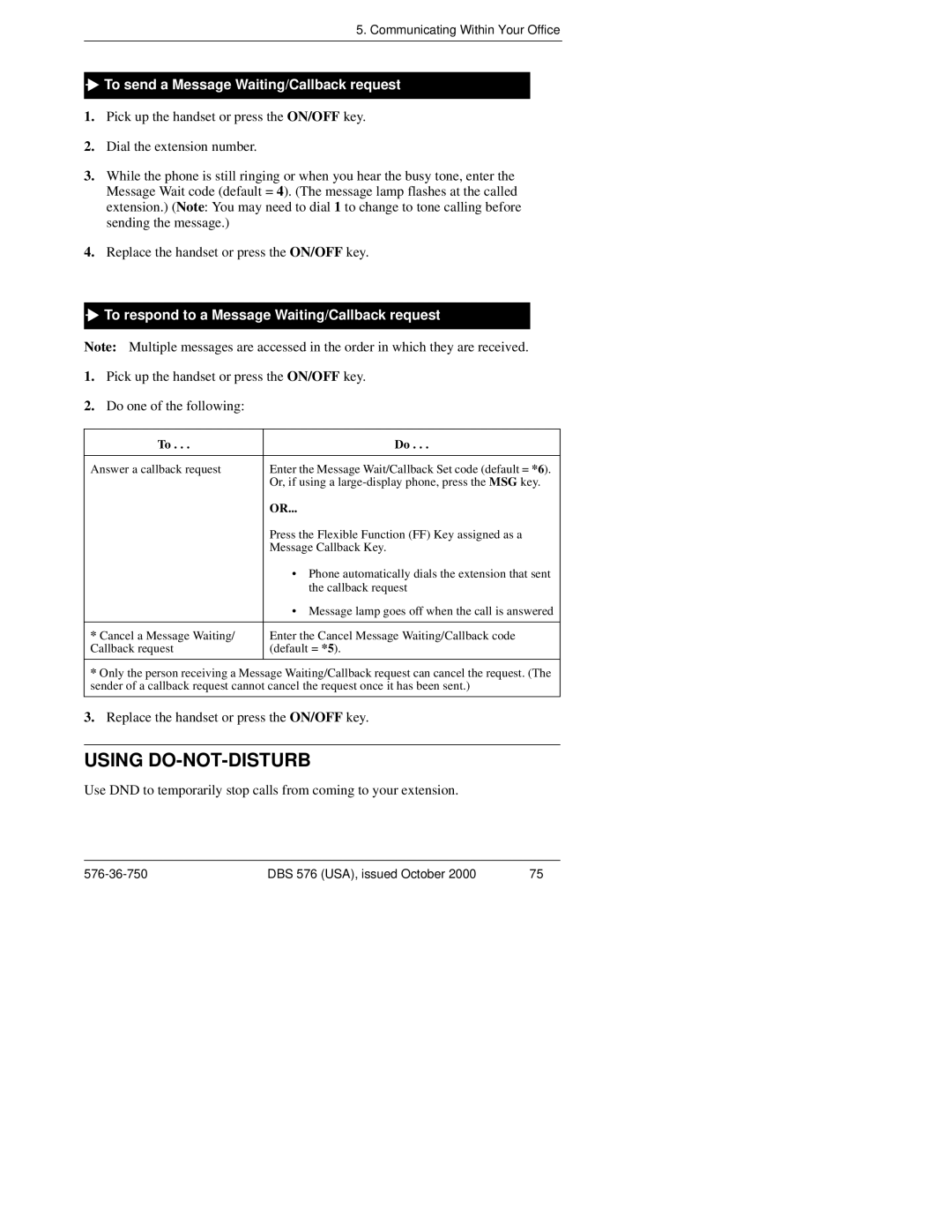 Panasonic DBS 576HD manual Using DO-NOT-DISTURB, To send a Message Waiting/Callback request 