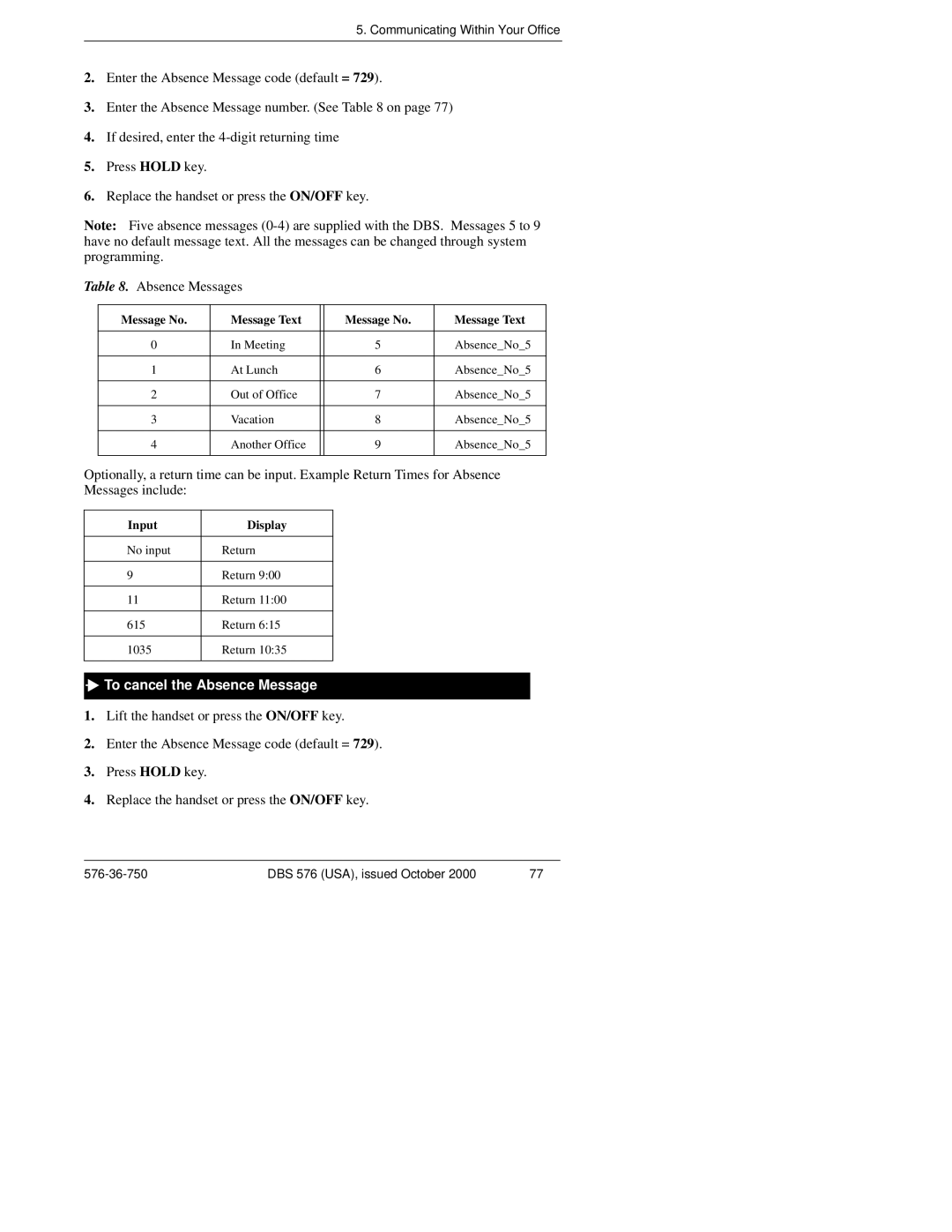 Panasonic DBS 576HD manual To cancel the Absence Message, Input Display 