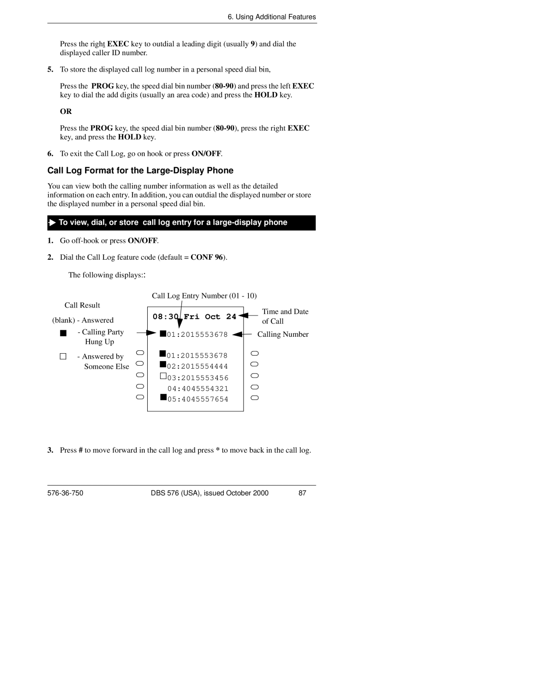 Panasonic DBS 576HD manual Call Log Format for the Large-Display Phone 