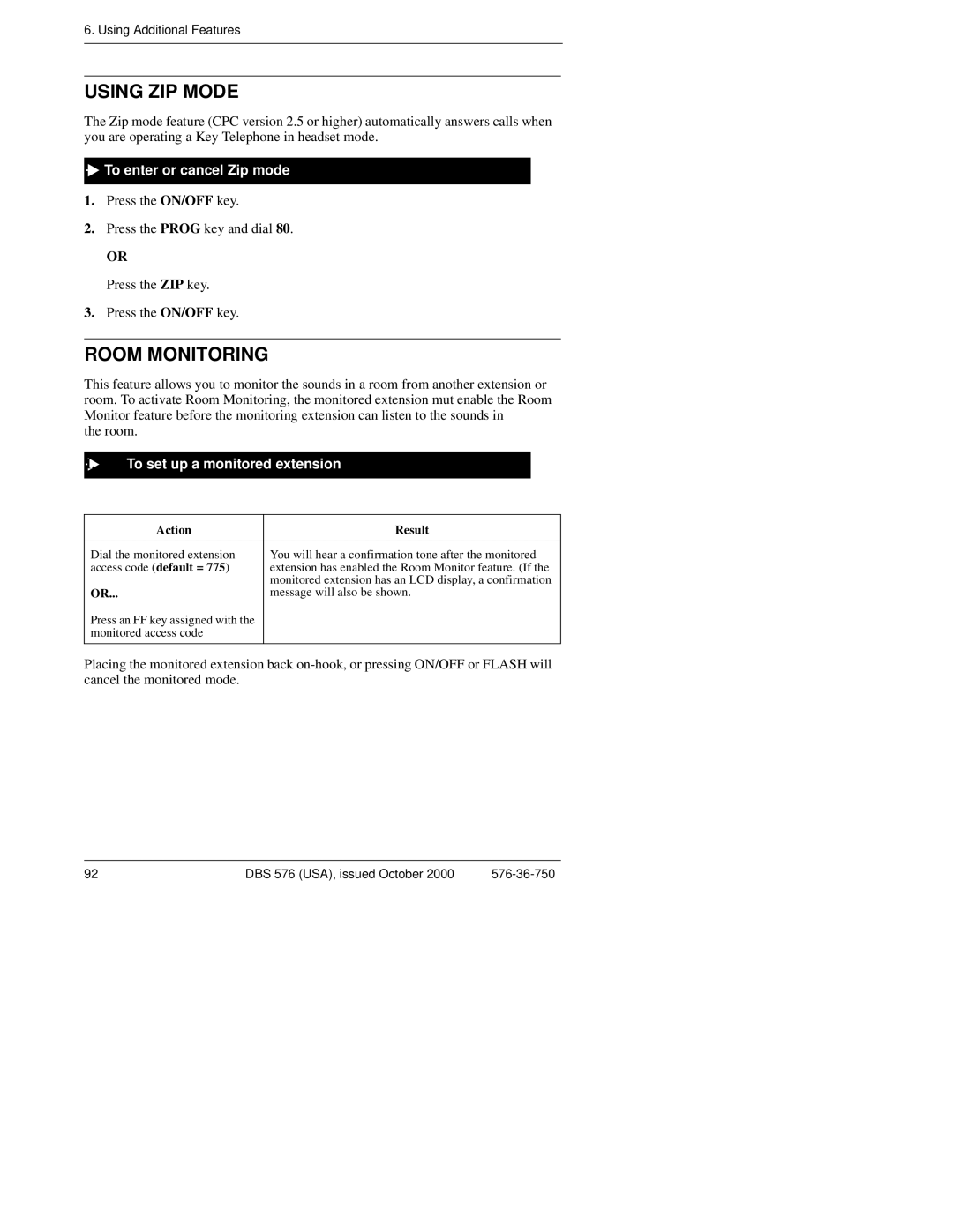 Panasonic DBS 576HD manual Using ZIP Mode, Room Monitoring, To enter or cancel Zip mode, To set up a monitored extension 