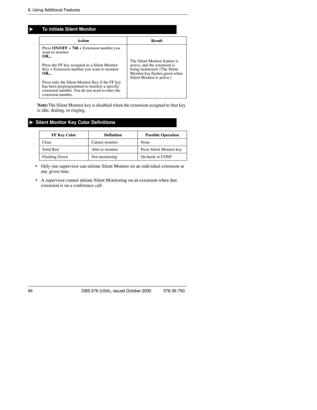 Panasonic DBS 576HD manual To initiate Silent Monitor, Silent Monitor Key Color Definitions 