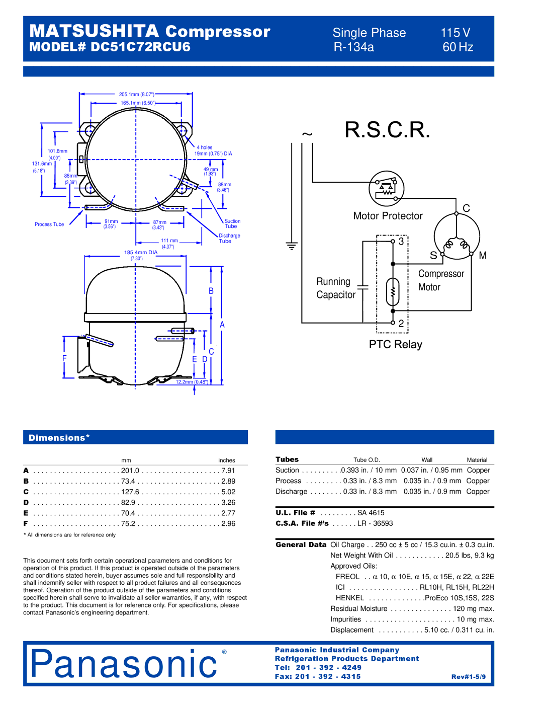 Panasonic DC51C72RCU6 specifications Dimensions, 201.0 .91 B .4 .89 C .6 .02 D .9 .26 E .4 .77 F .2, Tubes, File # 