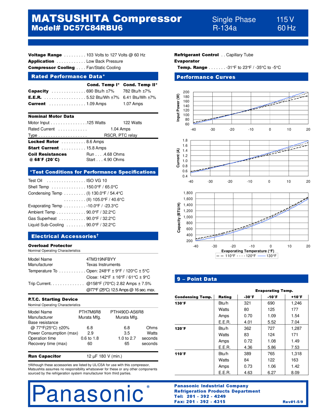 Panasonic DC57C84RCU6 specifications Rated Performance Data Performance Curves, Electrical Accessories†, Point Data 