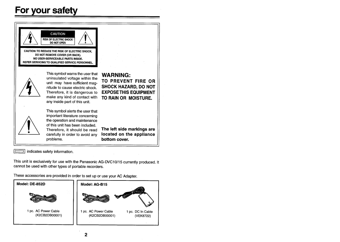 Panasonic DE-852D, AG-B15 manual 