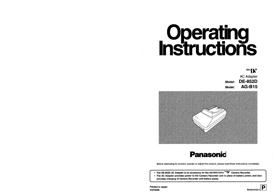 Panasonic AG-B15, DE-852D manual 