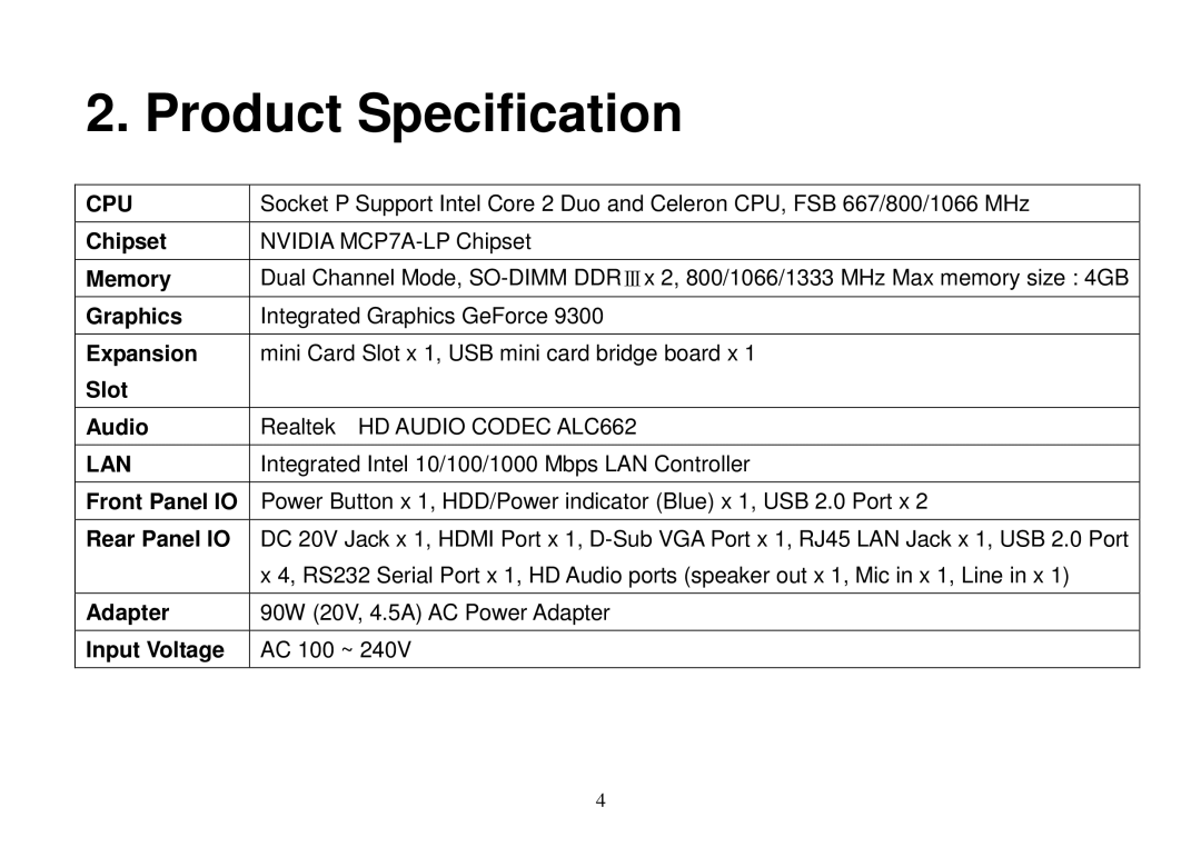 Panasonic DE7000 manual Product Specification, Cpu 