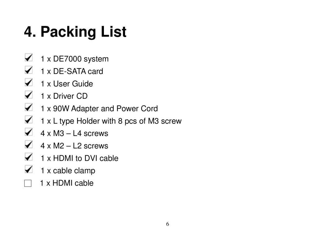 Panasonic DE7000 manual Packing List 