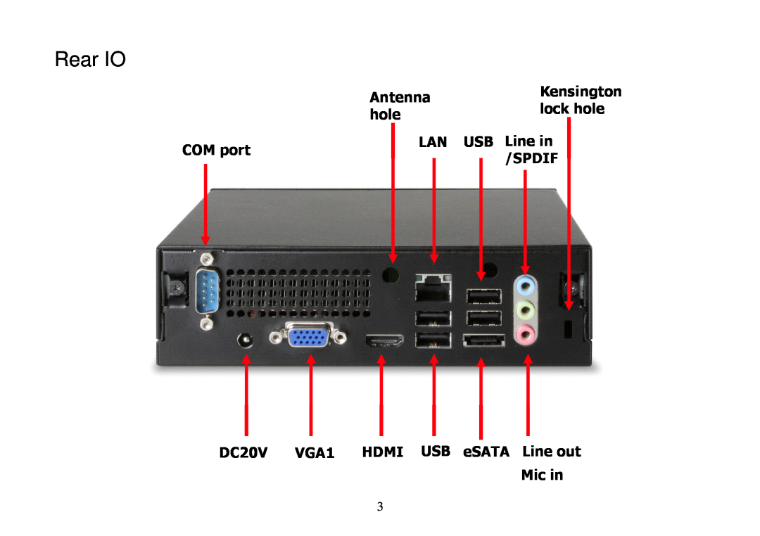 Panasonic DE7000 manual Rear IO, Antenna, Kensington, lock hole, COM port, LAN USB Line in, Spdif 