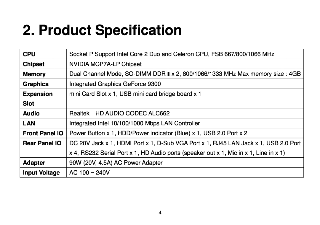Panasonic DE7000 Product Specification, Chipset, Memory, Graphics, Expansion, Slot, Audio, Front Panel IO, Rear Panel IO 