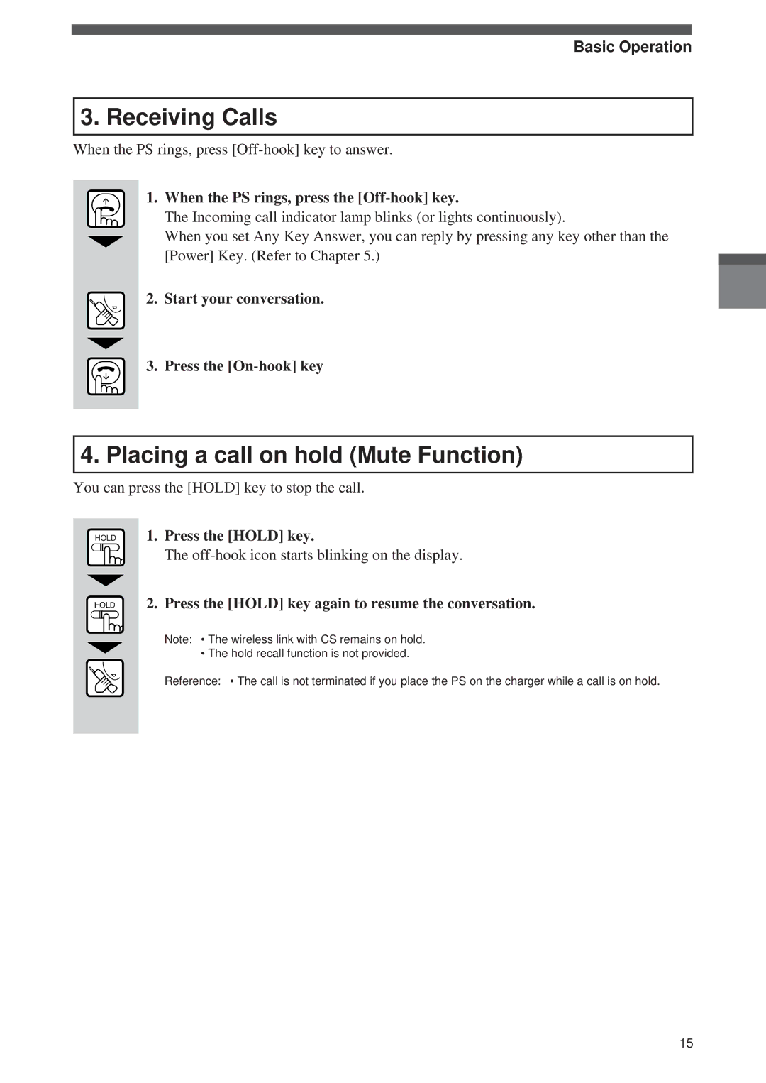 Panasonic Digital Cordless Telephone System operating instructions Receiving Calls, Placing a call on hold Mute Function 