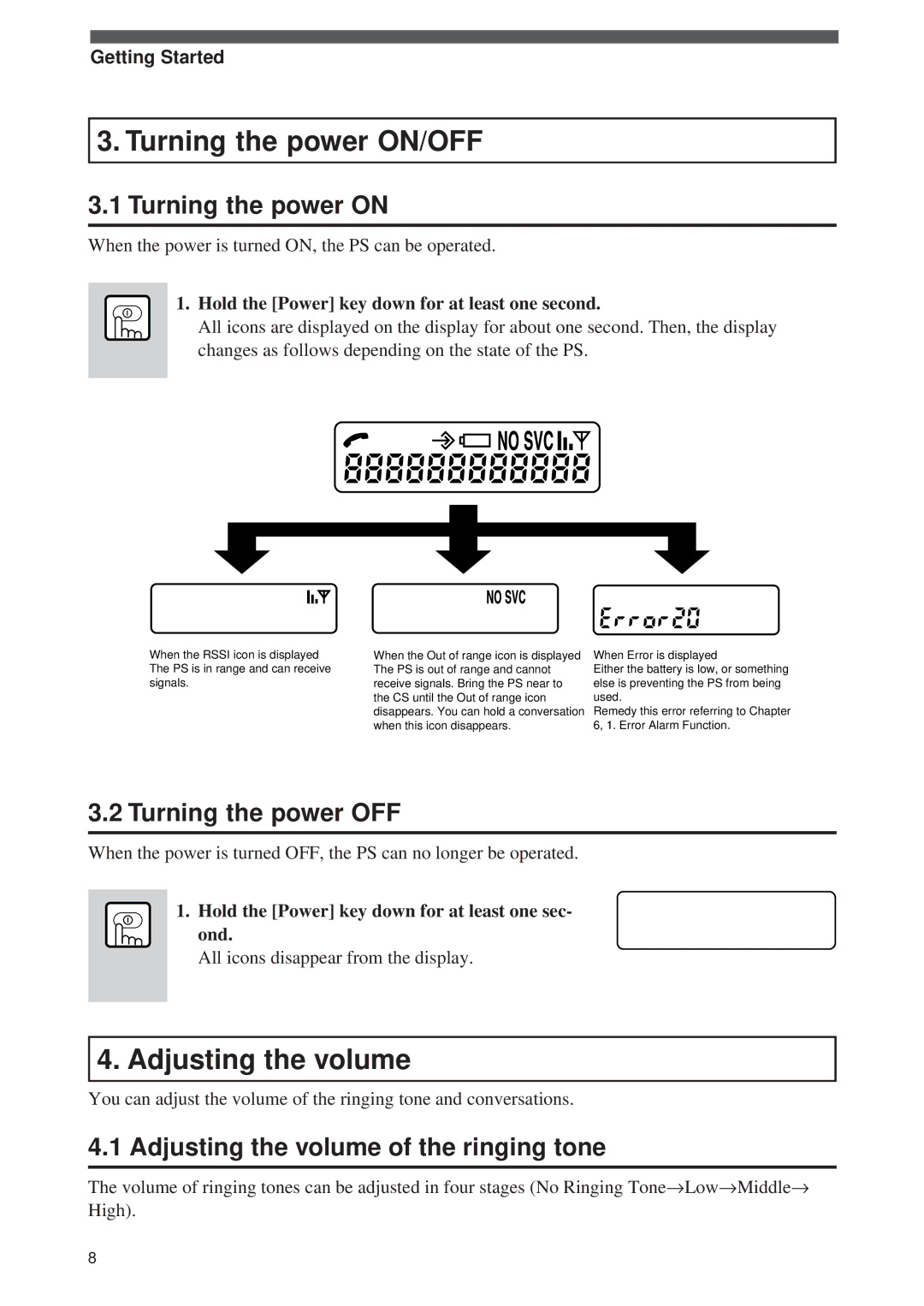 Panasonic Digital Cordless Telephone System Turning the power ON/OFF, Adjusting the volume, Turning the power on 