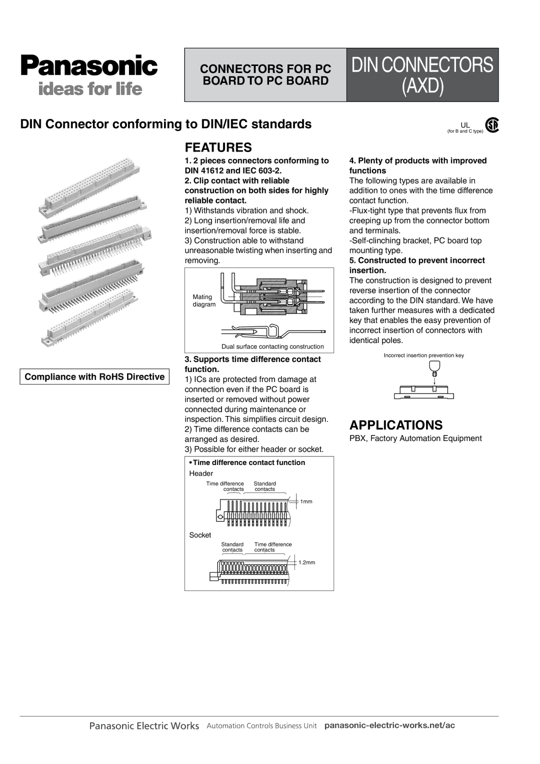 Panasonic DIN Connectors manual DIN Connector conforming to DIN/IEC standards, Features, Applications 