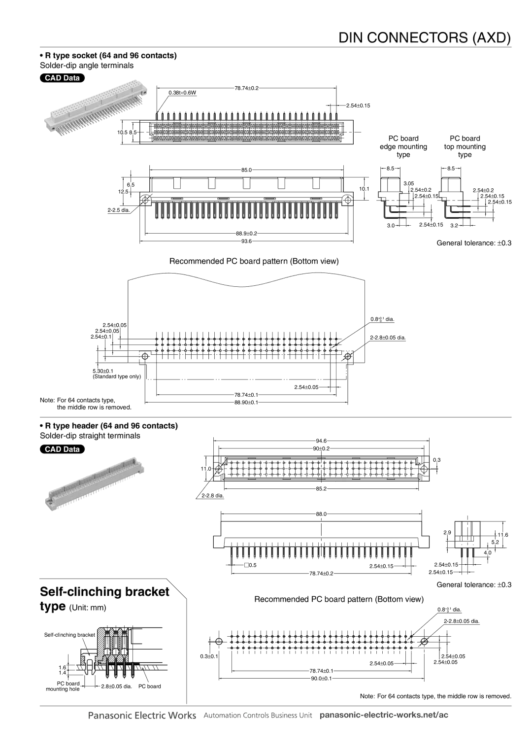 Panasonic DIN Connectors Self-clinching bracket, Type socket 64 and 96 contacts Solder-dip angle terminals, Type Unit mm 