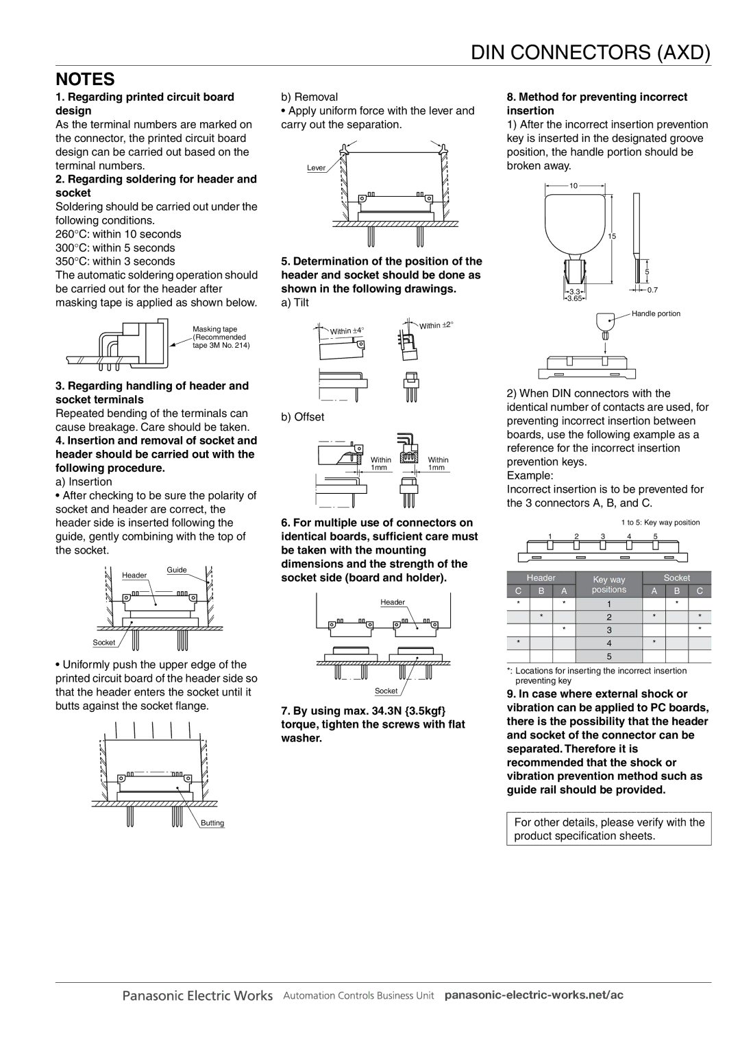 Panasonic DIN Connectors manual Regarding printed circuit board design, Regarding soldering for header and socket 