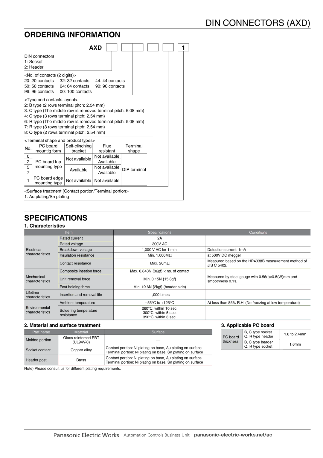 Panasonic DIN Connectors manual Ordering Information, Specifications, Characteristics, Material and surface treatment 