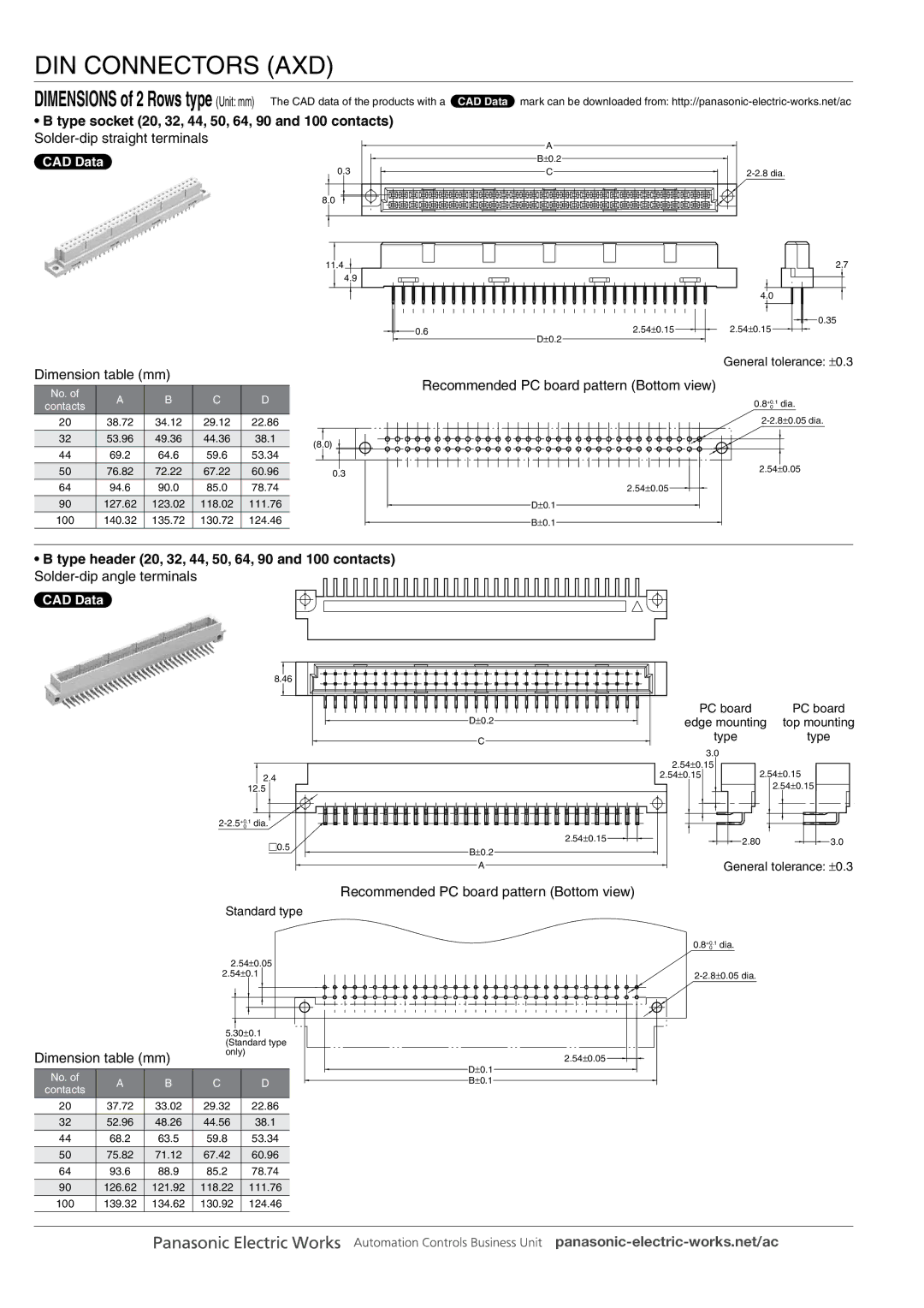 Panasonic DIN Connectors manual Type socket 20, 32, 44, 50, 64, 90 and 100 contacts, Solder-dip straight terminals, No 