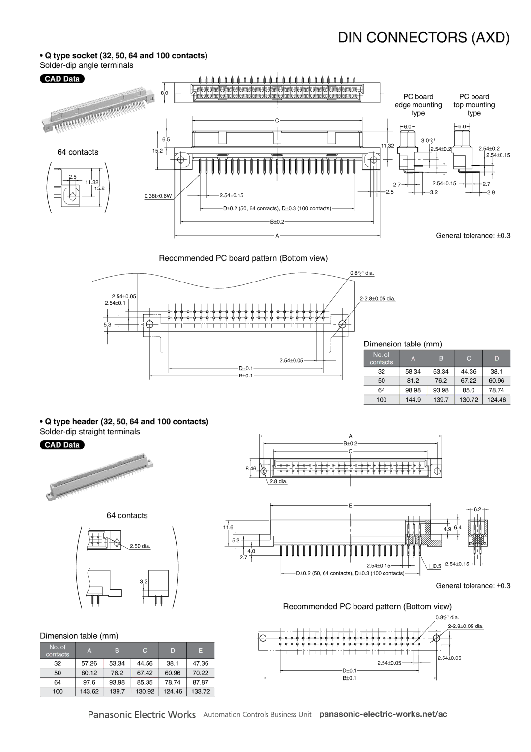 Panasonic DIN Connectors manual Contacts, Type header 32, 50, 64 and 100 contacts 