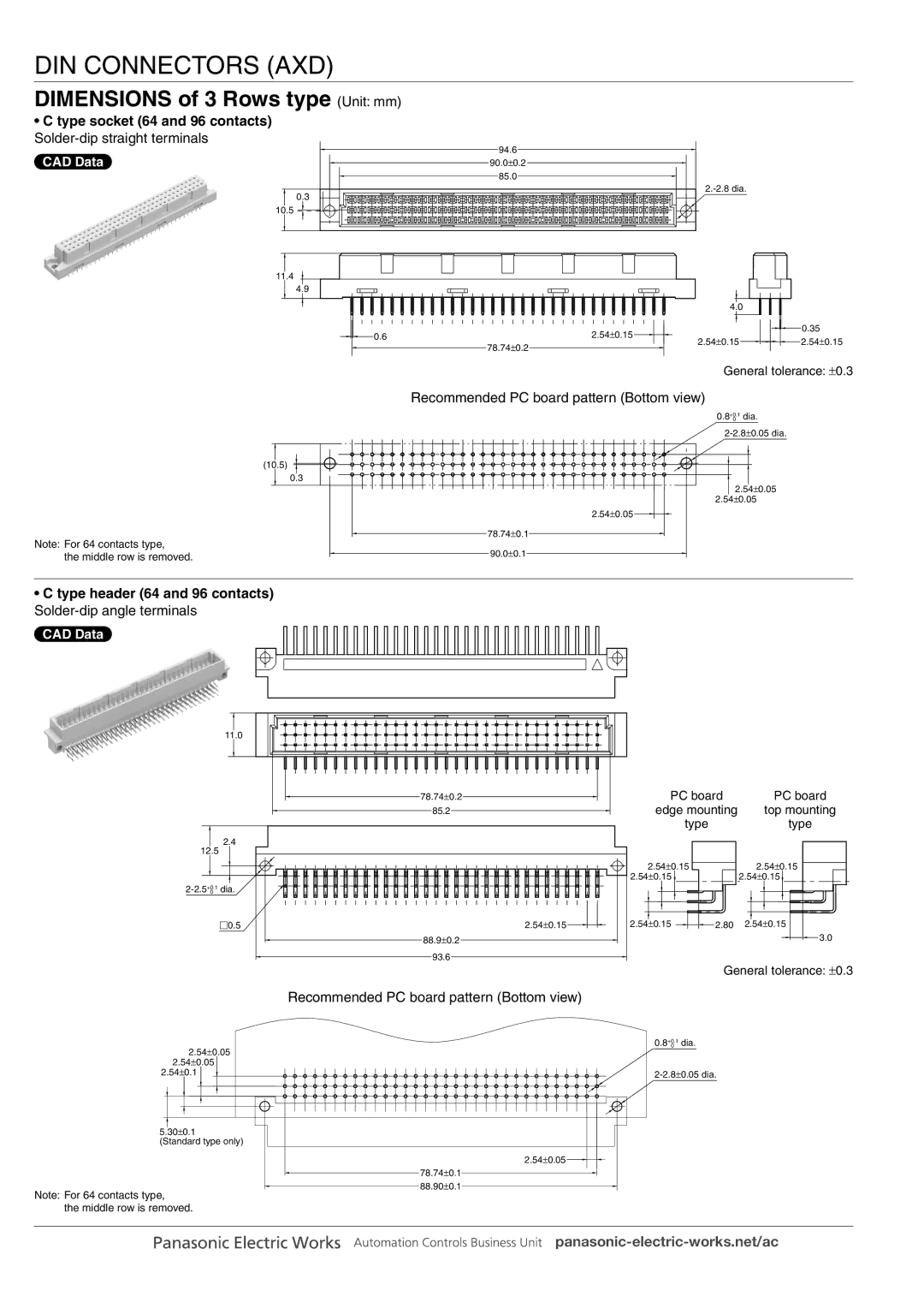 Panasonic DIN Connectors manual Dimensions of 3 Rows type Unit mm, Type socket 64 and 96 contacts 