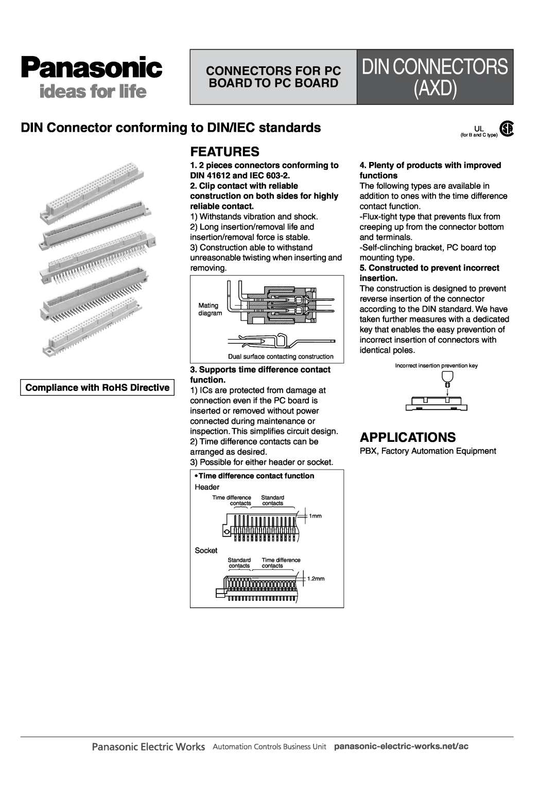 Panasonic DIN Connectors manual Din Connectors Axd, DIN Connector conforming to DIN/IEC standards FEATURES, Applications 