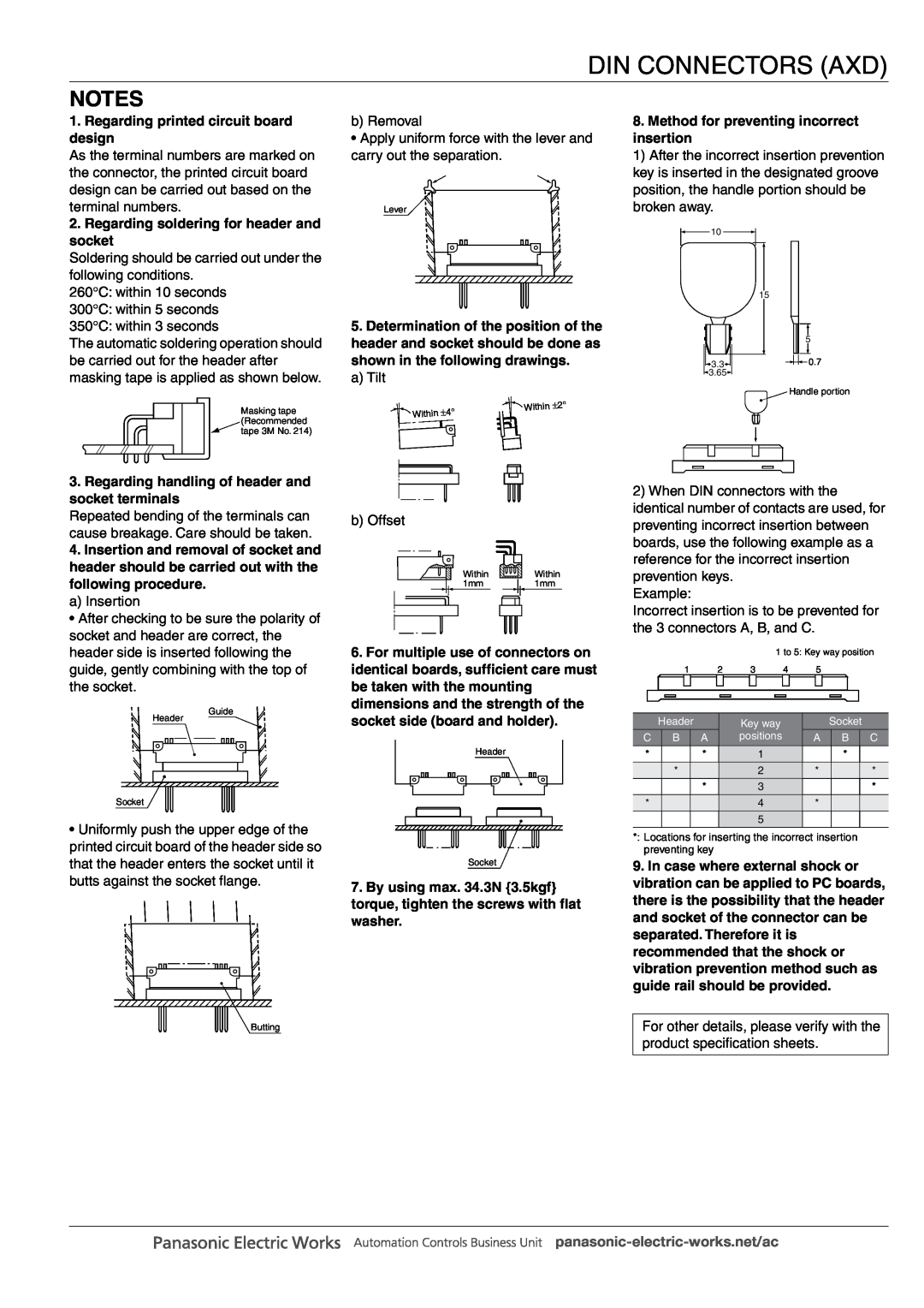 Panasonic DIN Connectors manual Regarding printed circuit board design, Regarding soldering for header and socket 