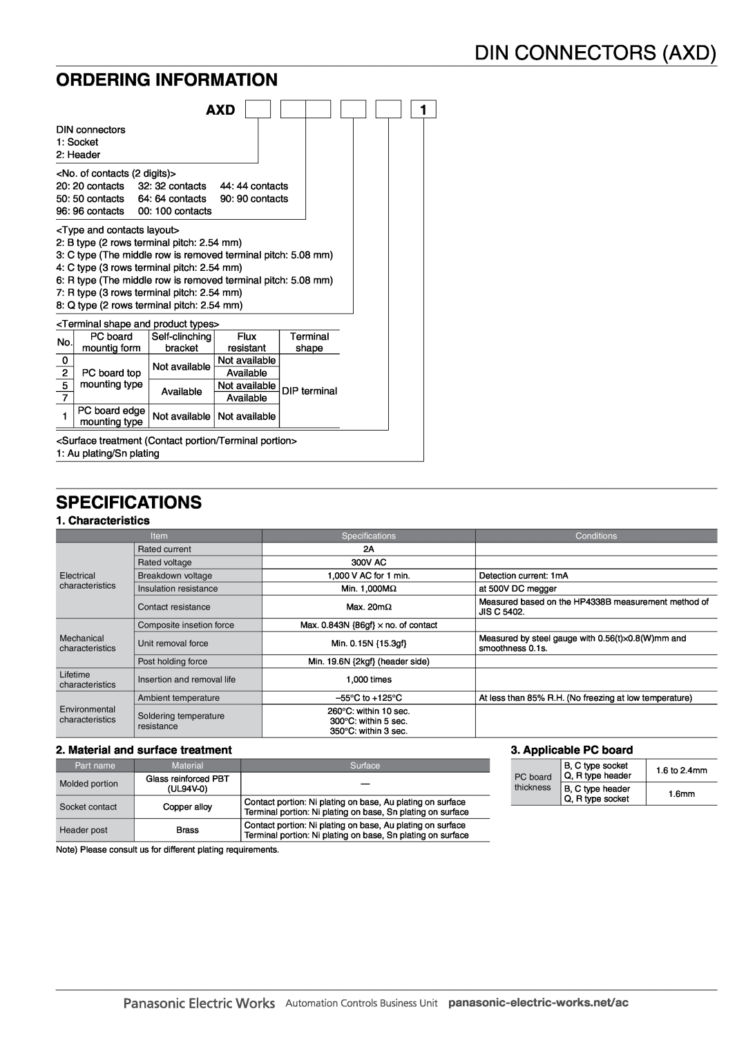 Panasonic DIN Connectors manual Ordering Information, Specifications, Characteristics, Material and surface treatment 