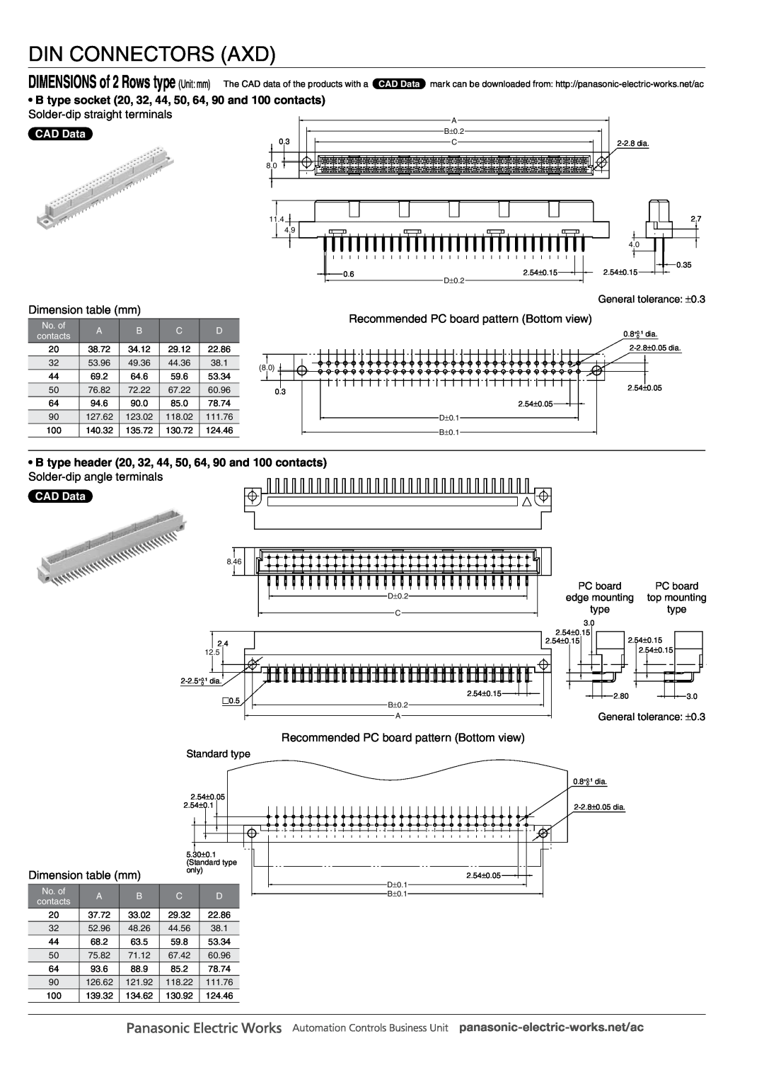 Panasonic DIN Connectors B type socket 20, 32, 44, 50, 64, 90 and 100 contacts, Solder-dip straight terminals, CAD Data 