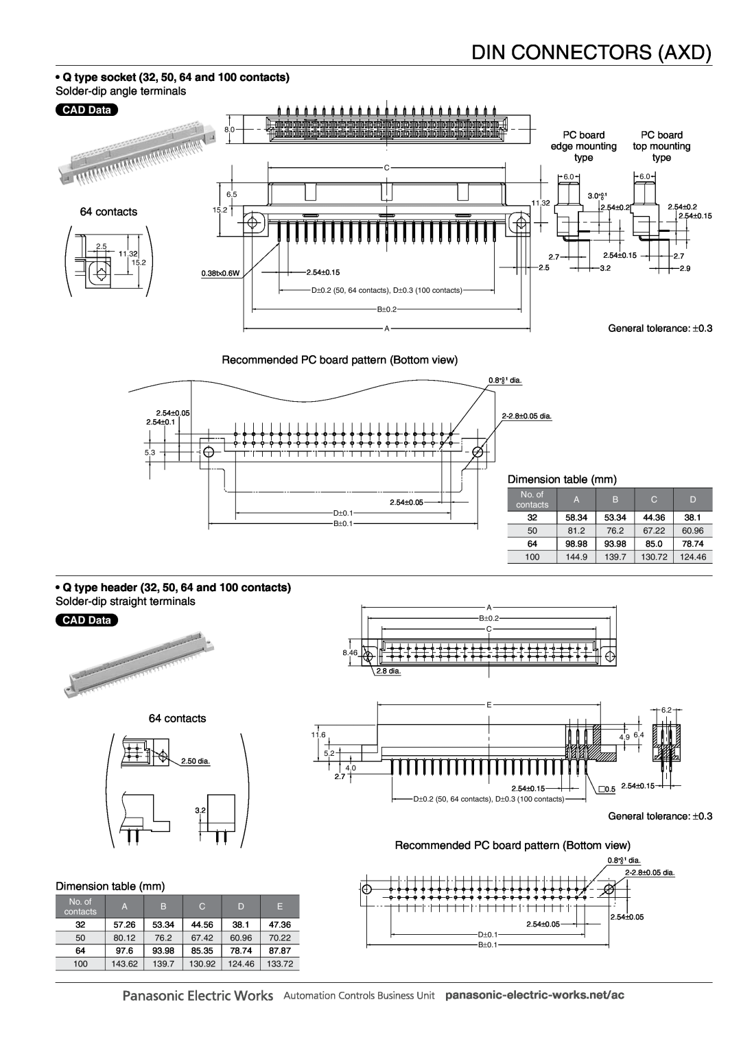 Panasonic DIN Connectors manual Q type socket 32, 50, 64 and 100 contacts Solder-dip angle terminals, Din Connectors Axd 