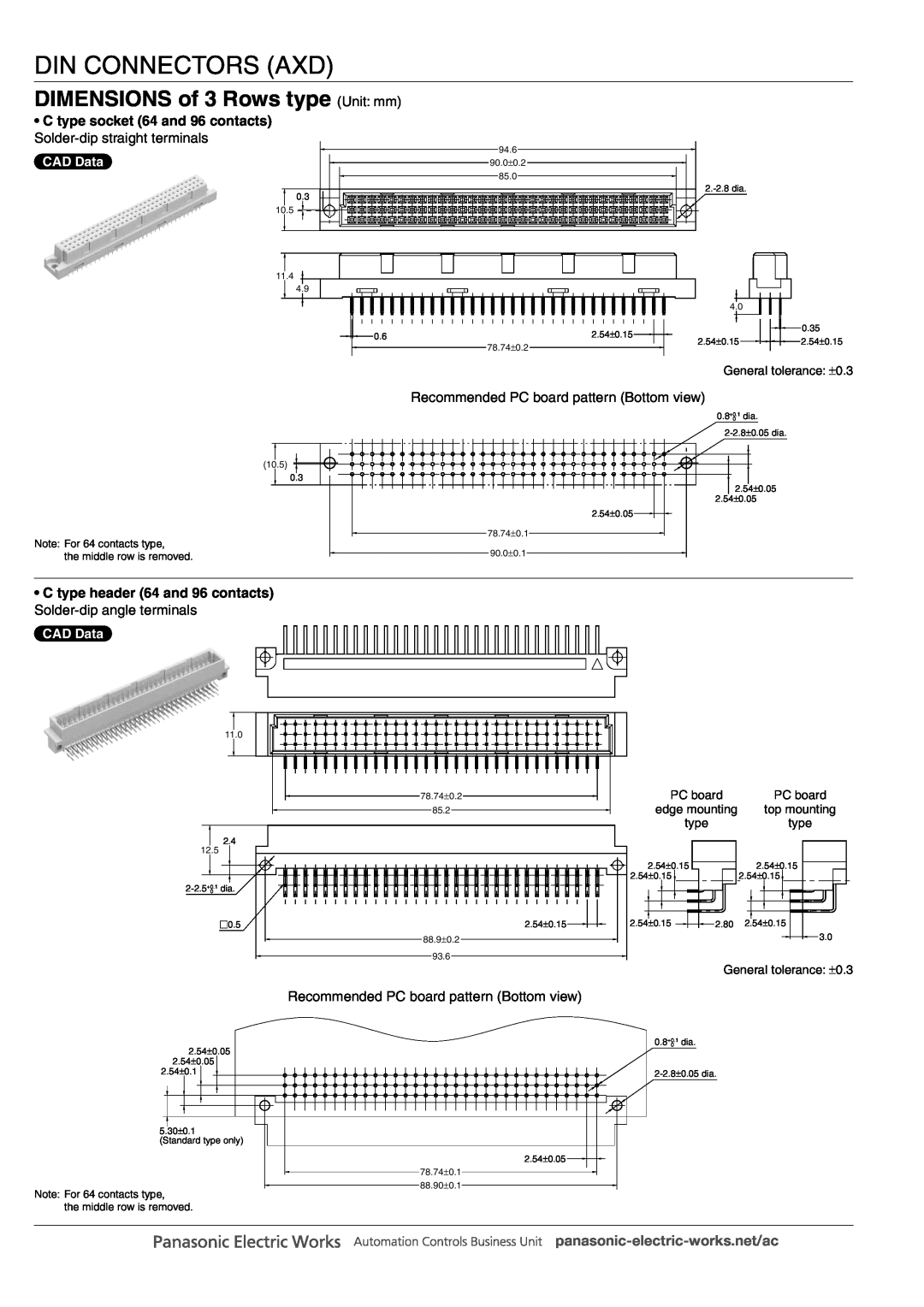 Panasonic DIN Connectors DIMENSIONS of 3 Rows type Unit mm, C type socket 64 and 96 contacts, Din Connectors Axd, CAD Data 