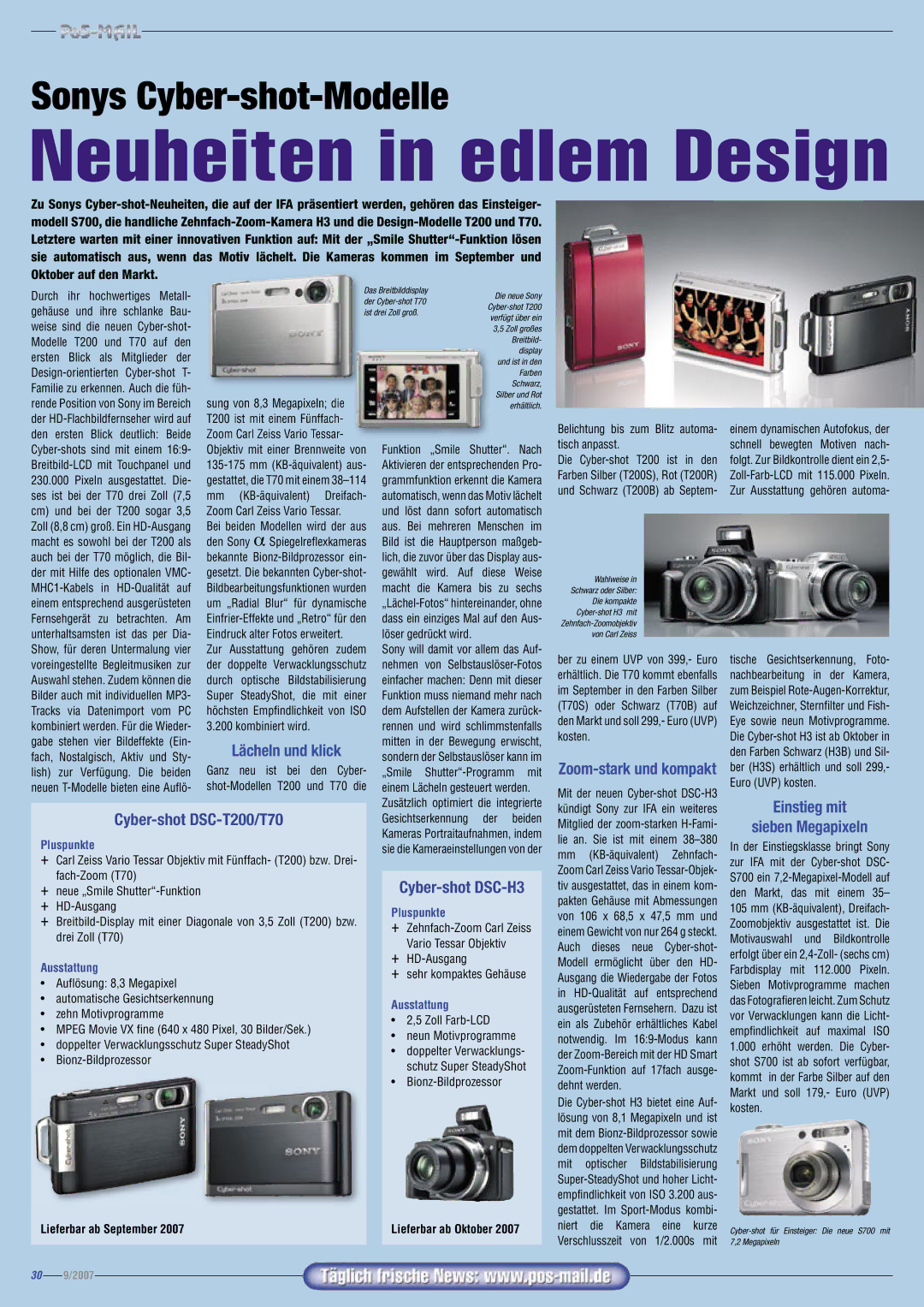 Panasonic DLP-37C3 manual Cyber-shot DSC-T200/T70, Einstieg mit Sieben Megapixeln 