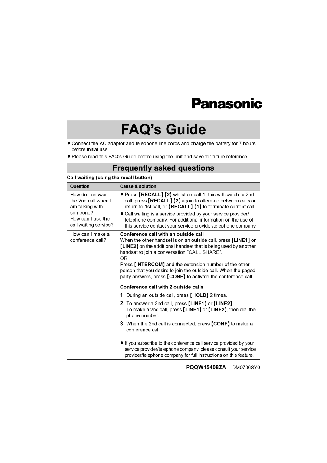 Panasonic PQQW15408ZA, DM0706SY0 manual Conference call with an outside call, Conference call with 2 outside calls 