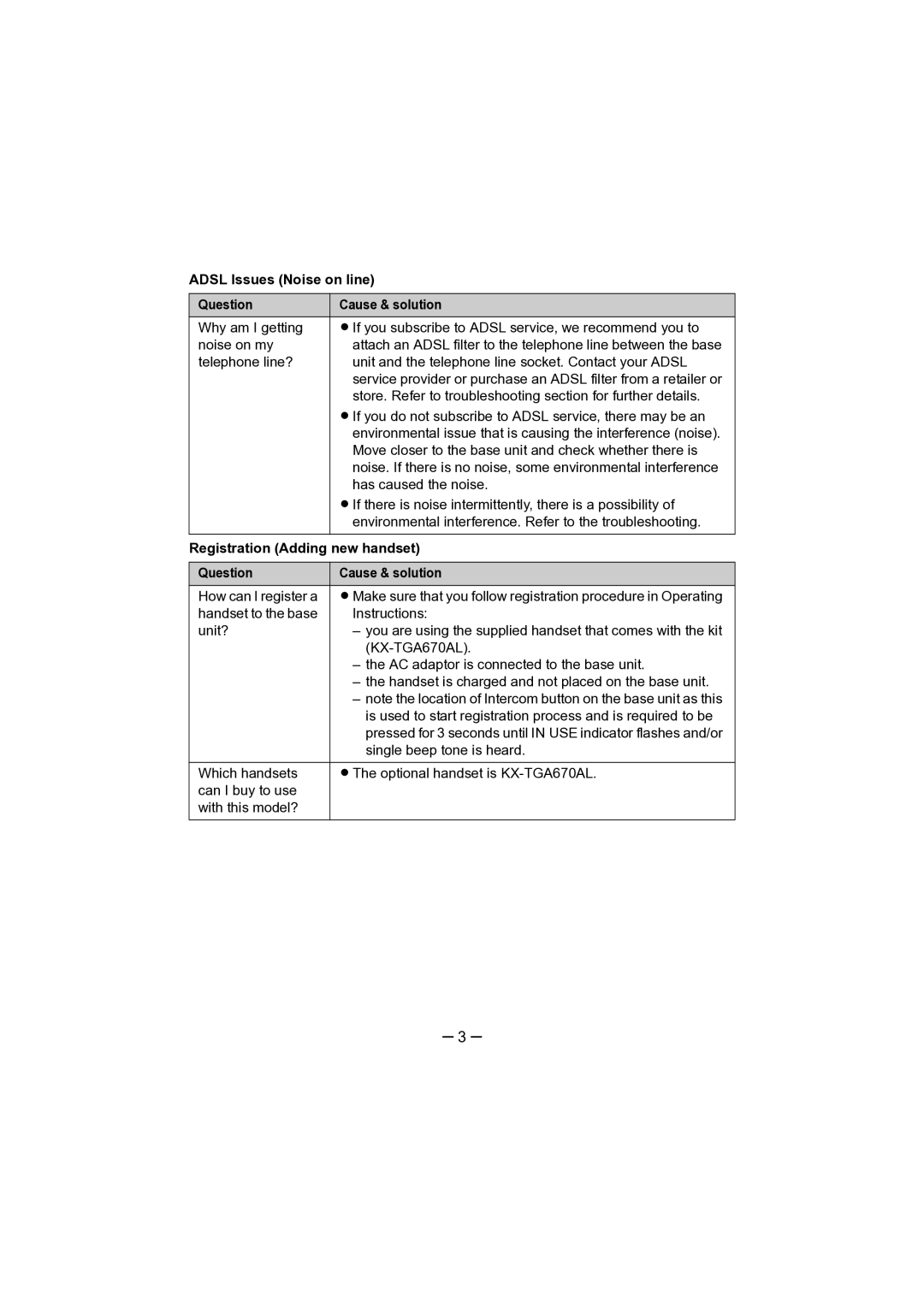 Panasonic PQQW15408ZA, DM0706SY0 manual Adsl Issues Noise on line Question Cause & solution, Registration Adding new handset 