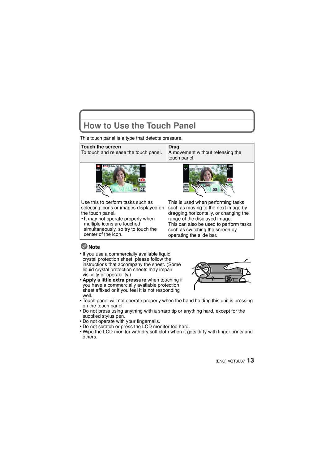 Panasonic DMC-3D1 owner manual How to Use the Touch Panel, Touch the screen Drag, Movement without releasing, Touch panel 